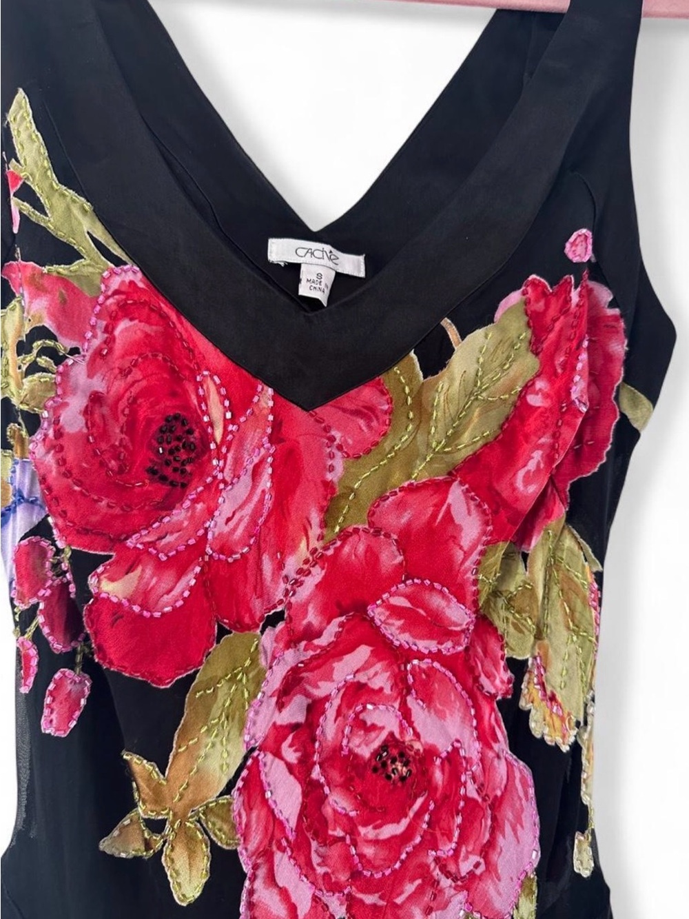 Cache Vintage Y2K Red Floral Burnout Cowl Neck Fringe Tank Top small - Picture 4 of 5